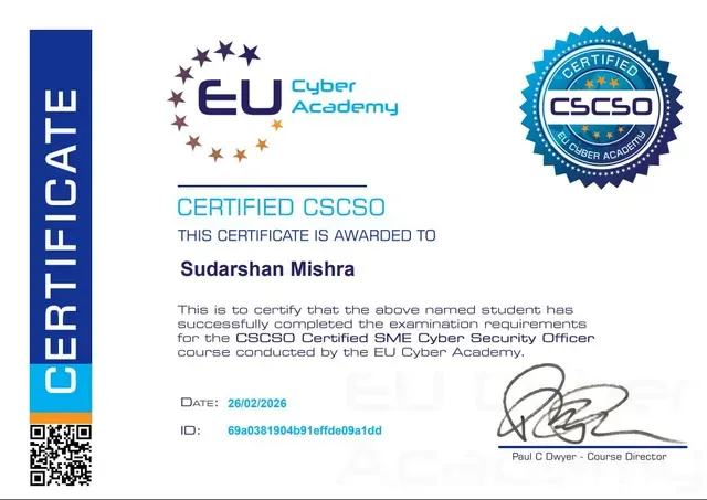 Certificate: Certified SME Cyber Security Officer (CSCSO) — EU Cyber Academy