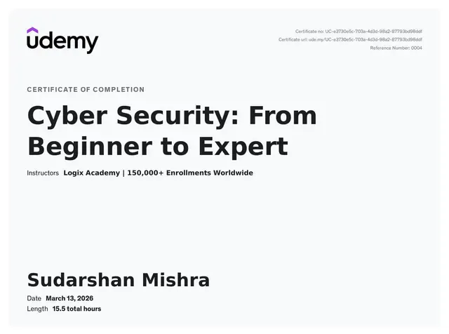 Certificate: Cyber Security: From Beginner to Expert — Udemy
