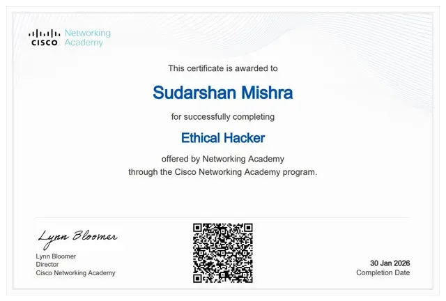 Certificate: Ethical Hacker — Cisco Networking Academy