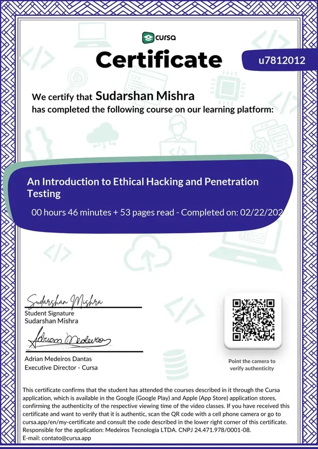 Certificate: An Introduction to Ethical Hacking and Penetration Testing — Cursa