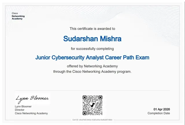 Certificate: Junior Cybersecurity Analyst Career Path Exam — Cisco Networking Academy